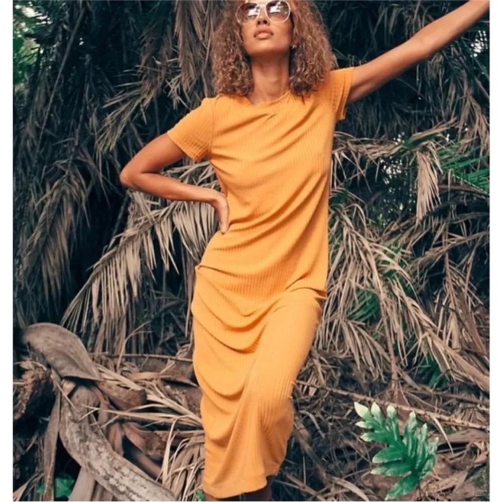 Free People Beach Simone Jenner Ribbed Short Sleeve Slit Maxi Dress - Tan